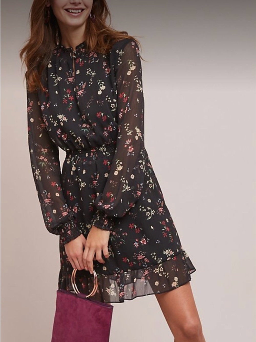SANCTUARY Black Floral Long-Sleeve Tie-Neck Mini Dress size L